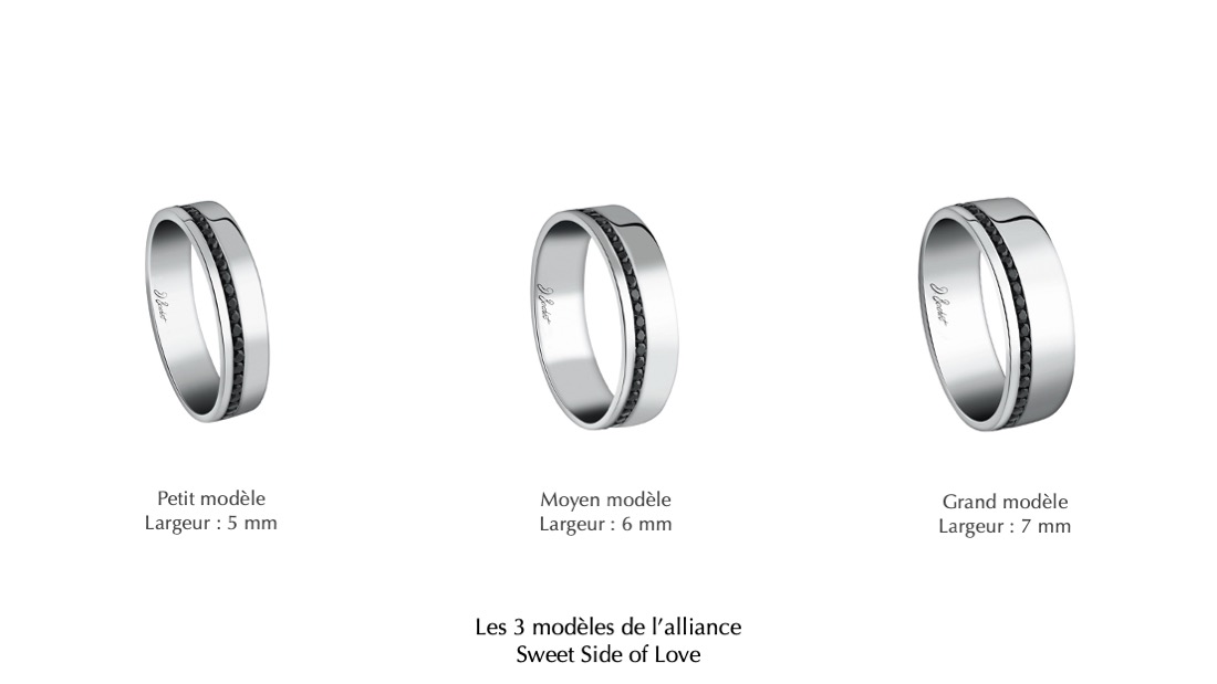 lliance homme moderne en platine sertie de diamants noirs, disponible en 3 largeurs.