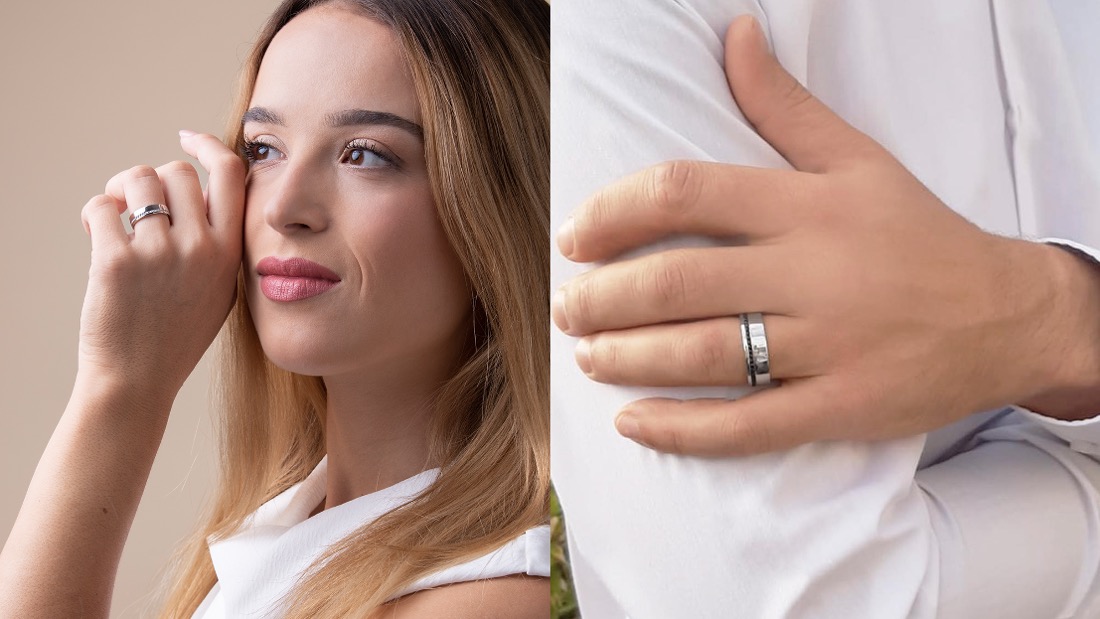 Alliances duo pour couples en platine, personnalisables avec diamants blancs et noirs, symbolisant l'union unique et l'amour éternel.