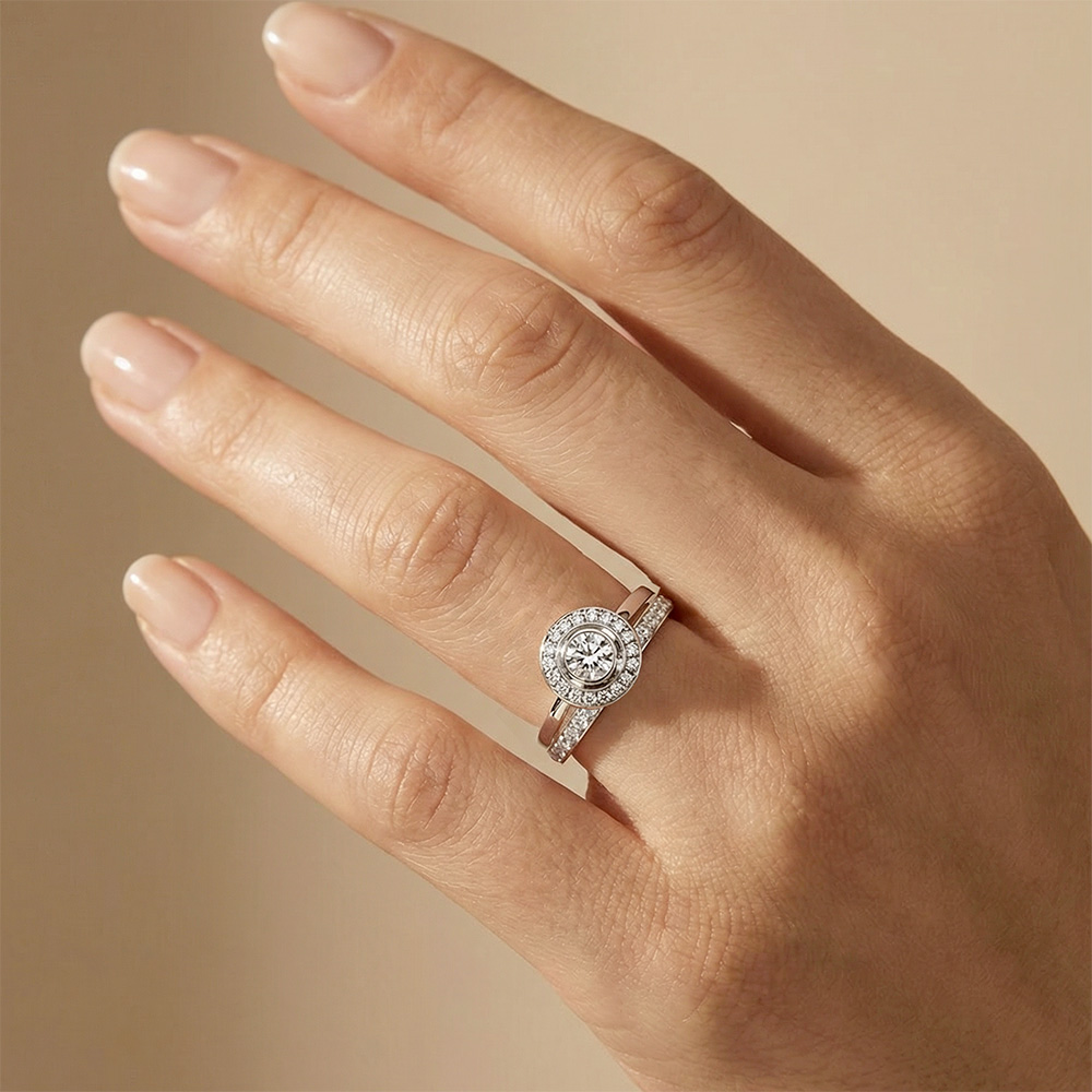 Ensemble alliance et bague de fiançailles entourage en diamants, joaillerie haut de gamme au design élégant et précis.