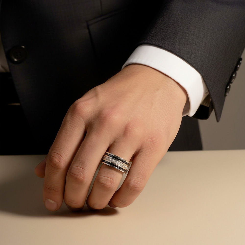 Alliance Contemporaine et Large Unisexe en Platine, Diamants Noirs et Blancs