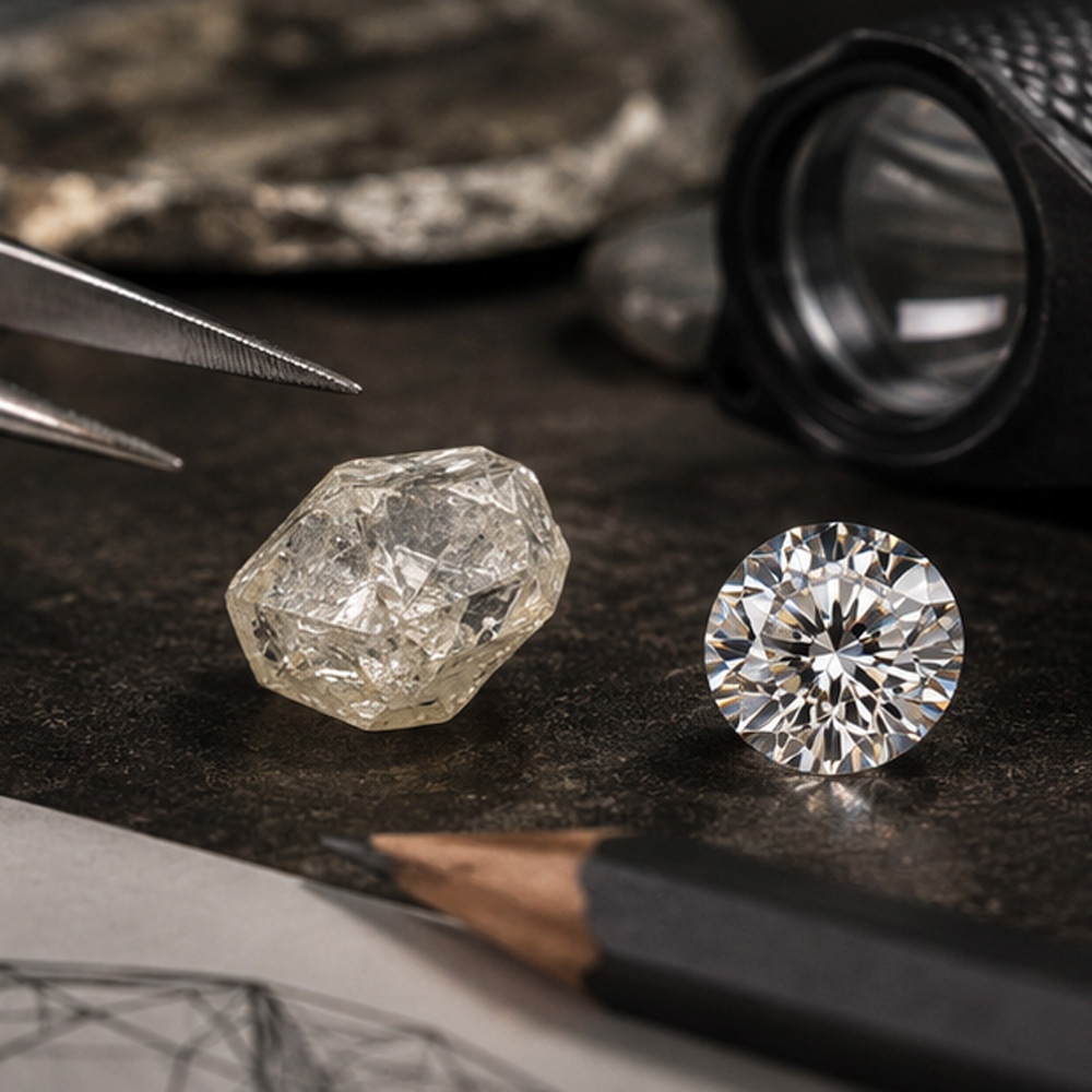 Comparaison entre un diamant brut et un diamant taillé brillant sur l'établi du joaillier.