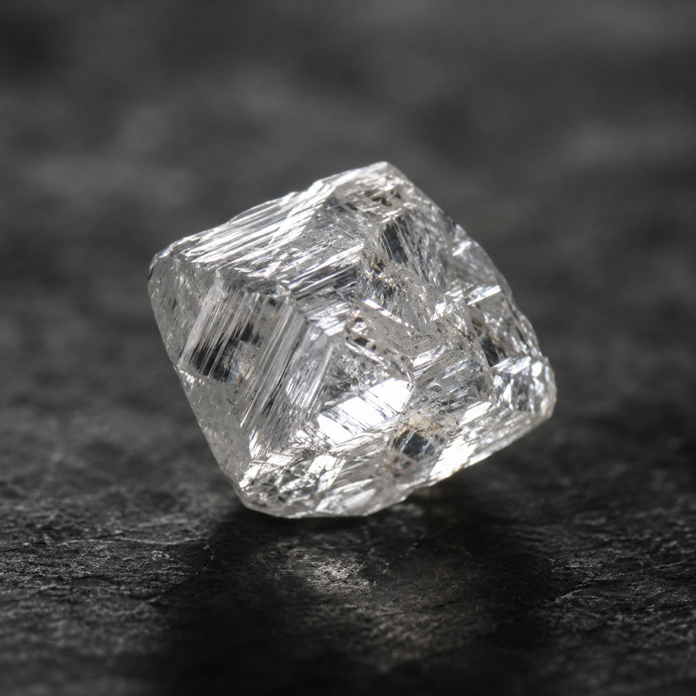 Diamant brut naturel posé sur une roche noire