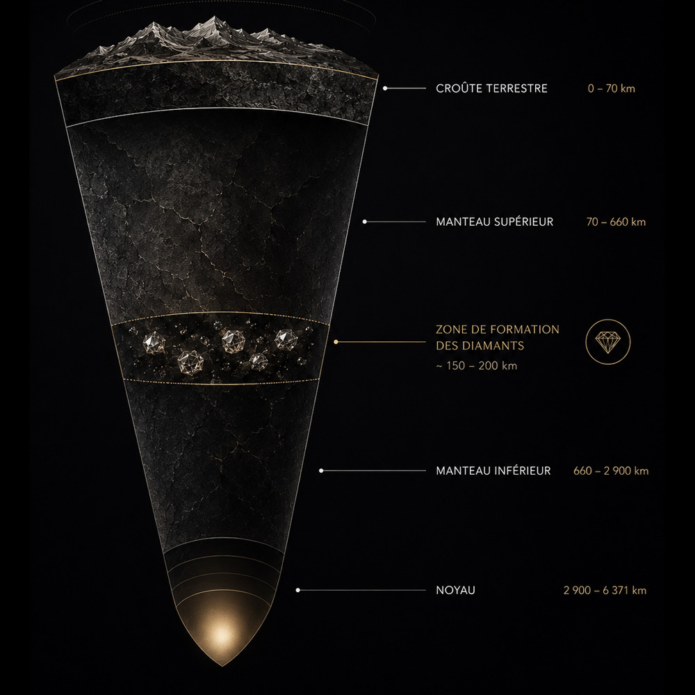 Infographie de la formation des diamants naturels dans les profondeurs de la Terre.