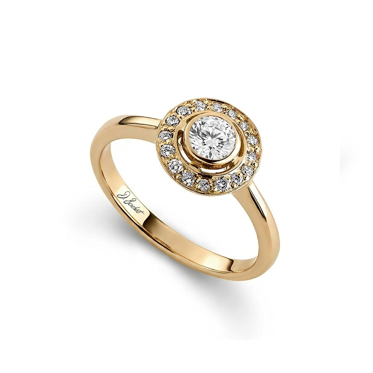 Bague de fiançailles halo en or jaune avec diamant central – modèle Entourage D.Bachet