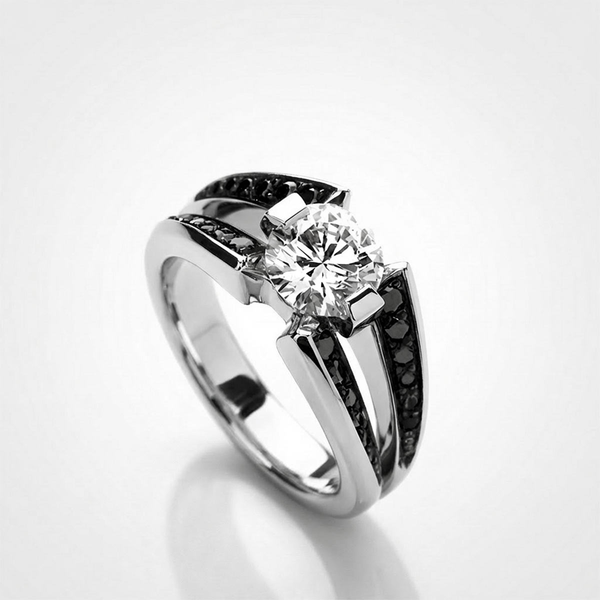 Bague de fiançailles moderne diamant blanc 1 carat et diamants noirs