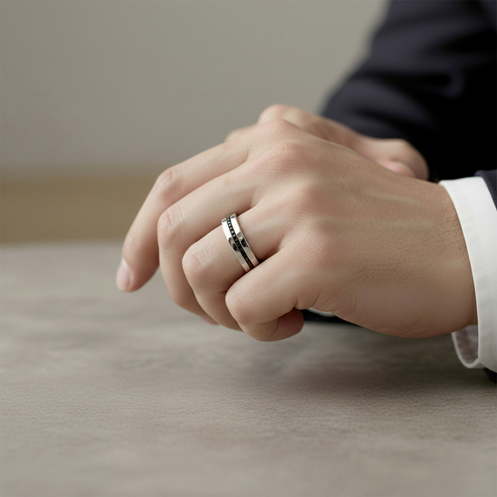 Alliance homme en platine avec diamants noirs, design moderne D.Bachet