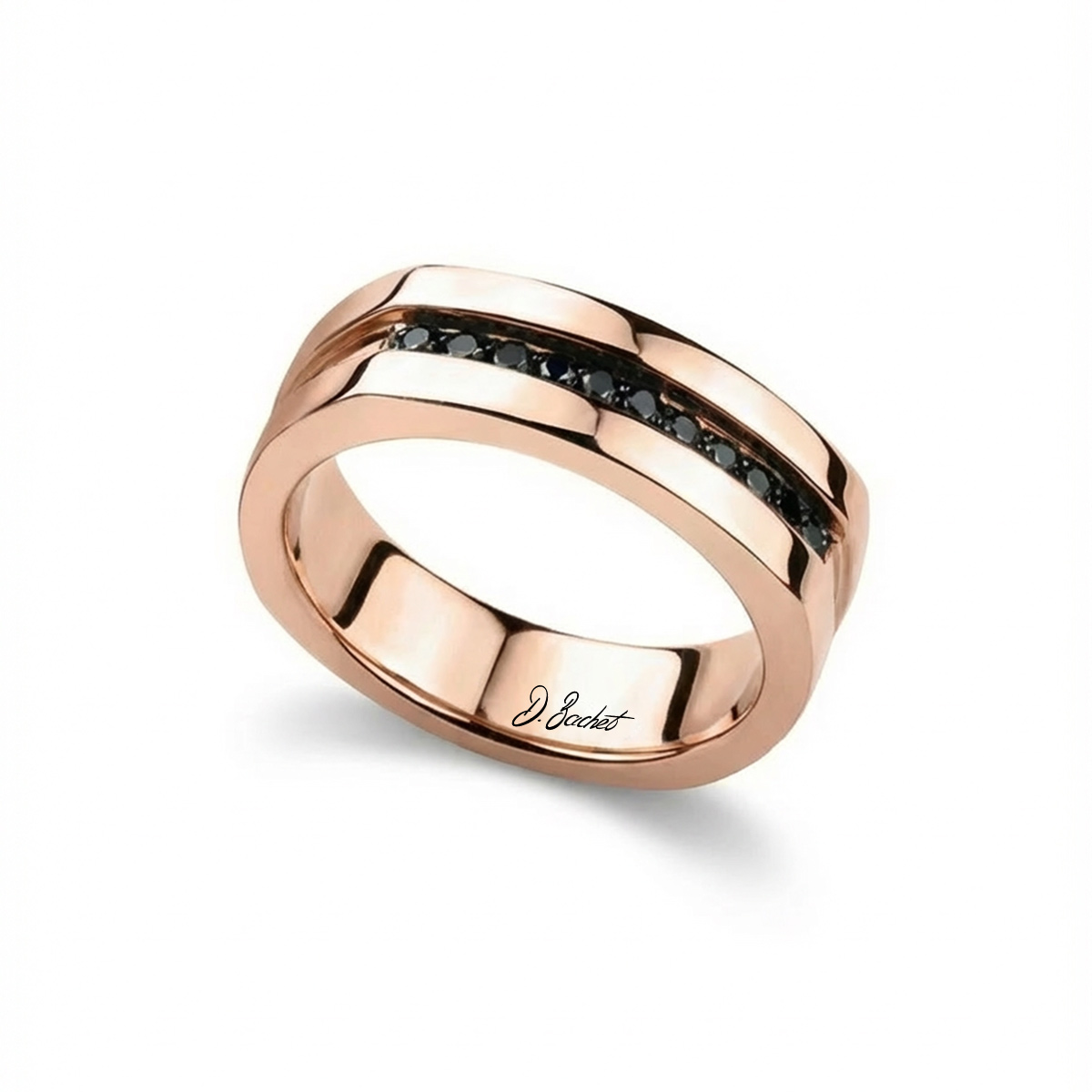 Bague de fiançailles homme en or rose, sertie de diamants noirs, design moderne D.Bachet.