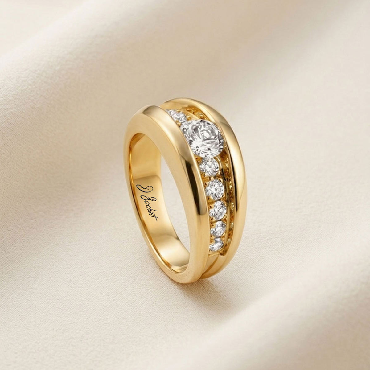 Soft 18k yellow gold engagement ring with white diamonds by D.Bachet.
