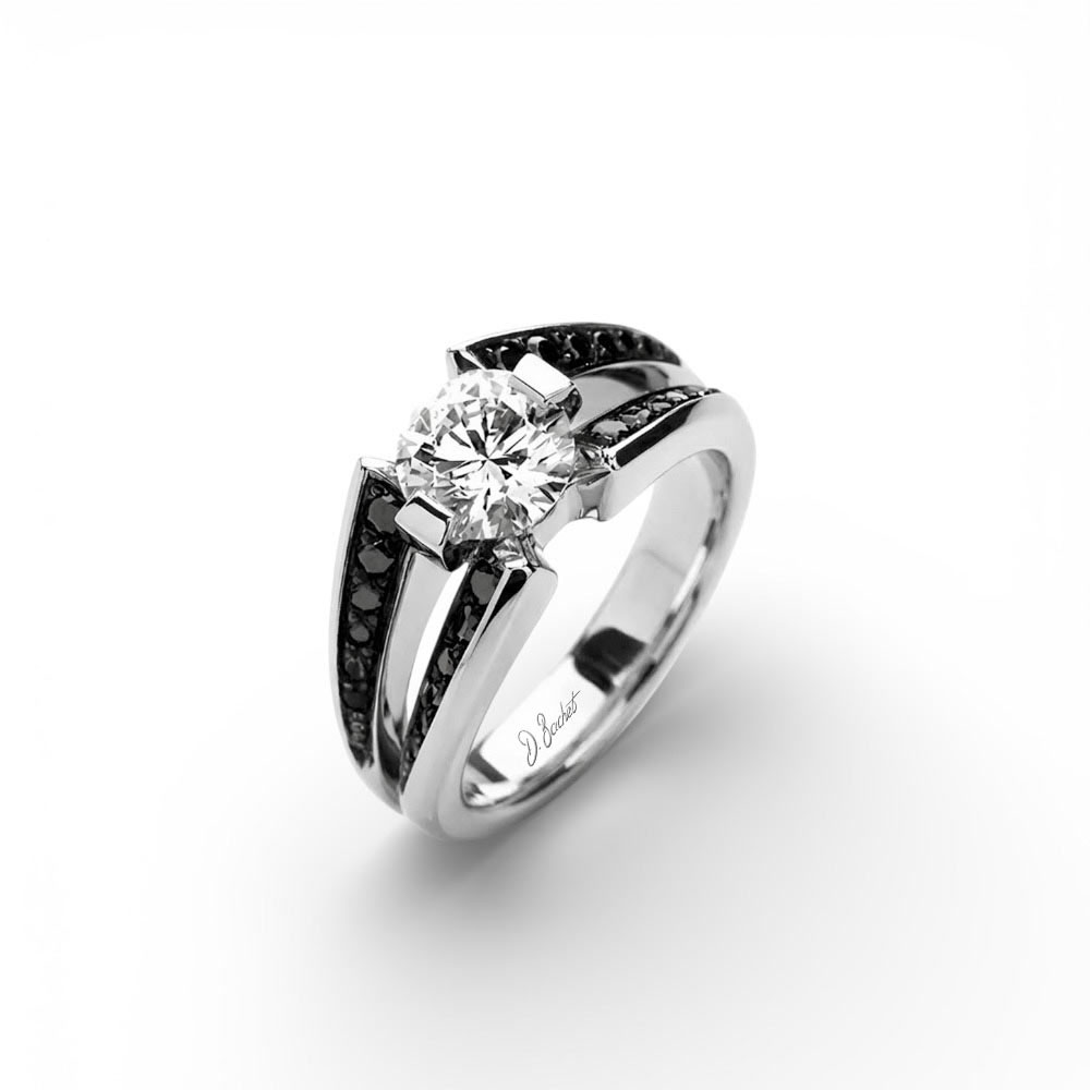 D.Bachet platinum split-shank engagement ring with a 1-carat white diamond and black diamonds set along the bevelled band.