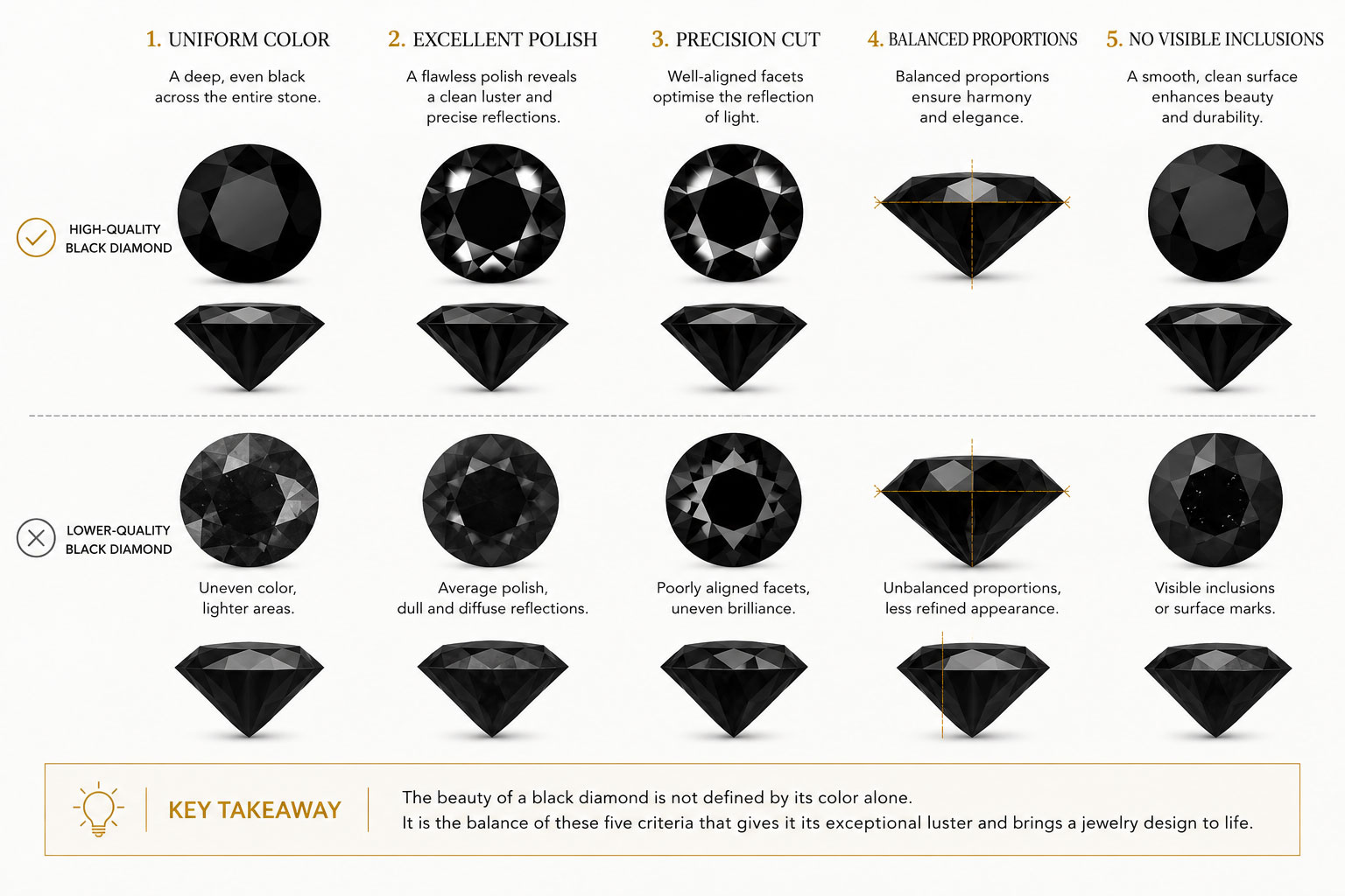 Black diamond quality criteria: color, polish, cut, proportions and inclusions