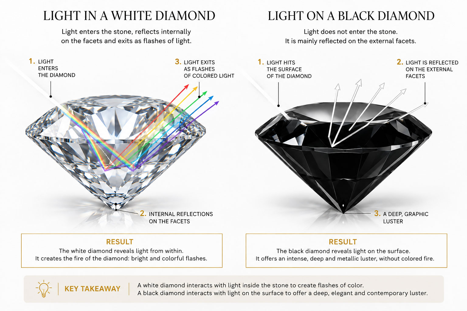 Black diamond vs white diamond: how each interacts with light.