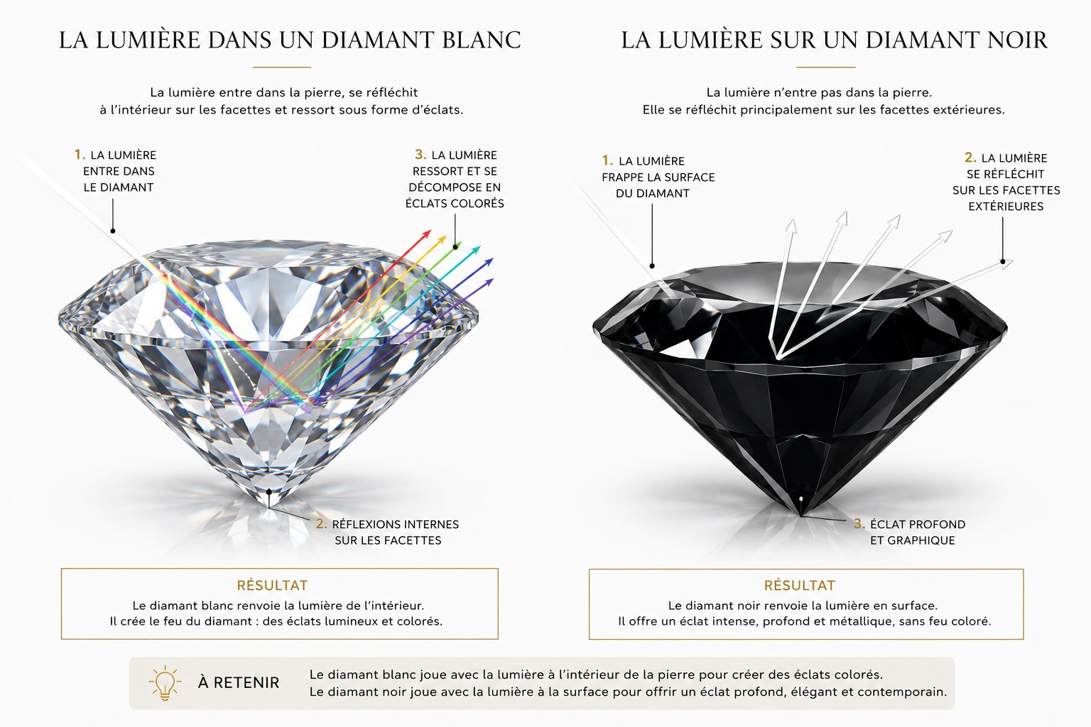 tableau comparatif de la lumiere diamant blanc et diamants noirs