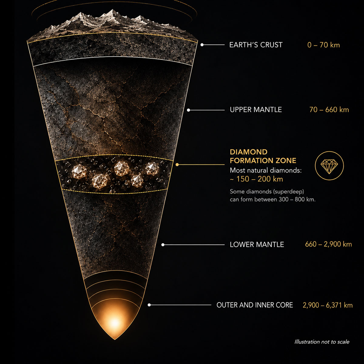 Infographic illustrating how natural diamonds form deep within the Earth.
