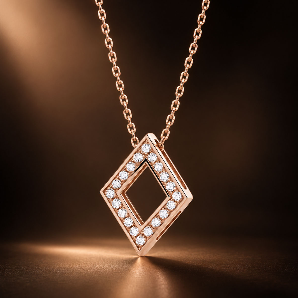 Pendentif femme Losange en or rose serti de diamants blancs